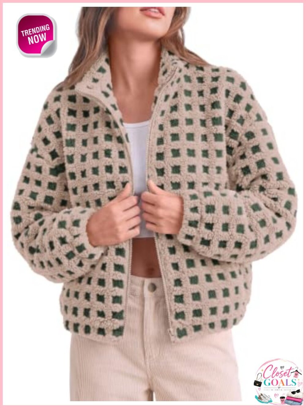 PRETTYGARDEN Womens Gingham Sherpa Fleece Jacket Plaid Cropped Teddy Coat